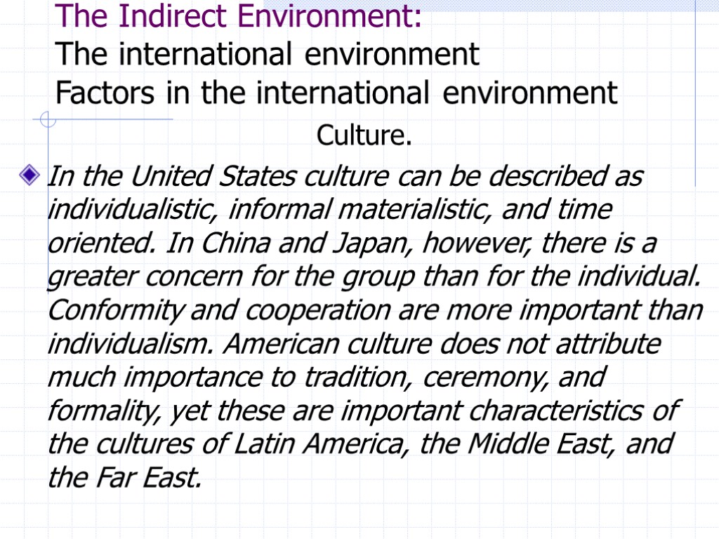 The Indirect Environment: The international environment Factors in the international environment Culture. In the